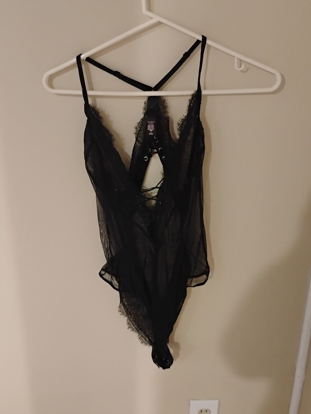 Victoria's Secret Sheer Black Mesh Lace up Lace Bodysuit Top Sz M
